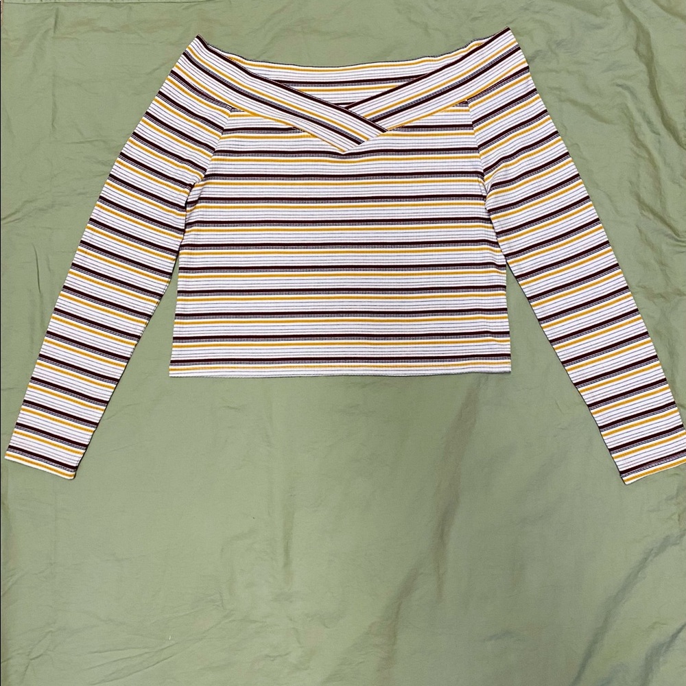 Striped long sleeved off the shoulder crop top. J